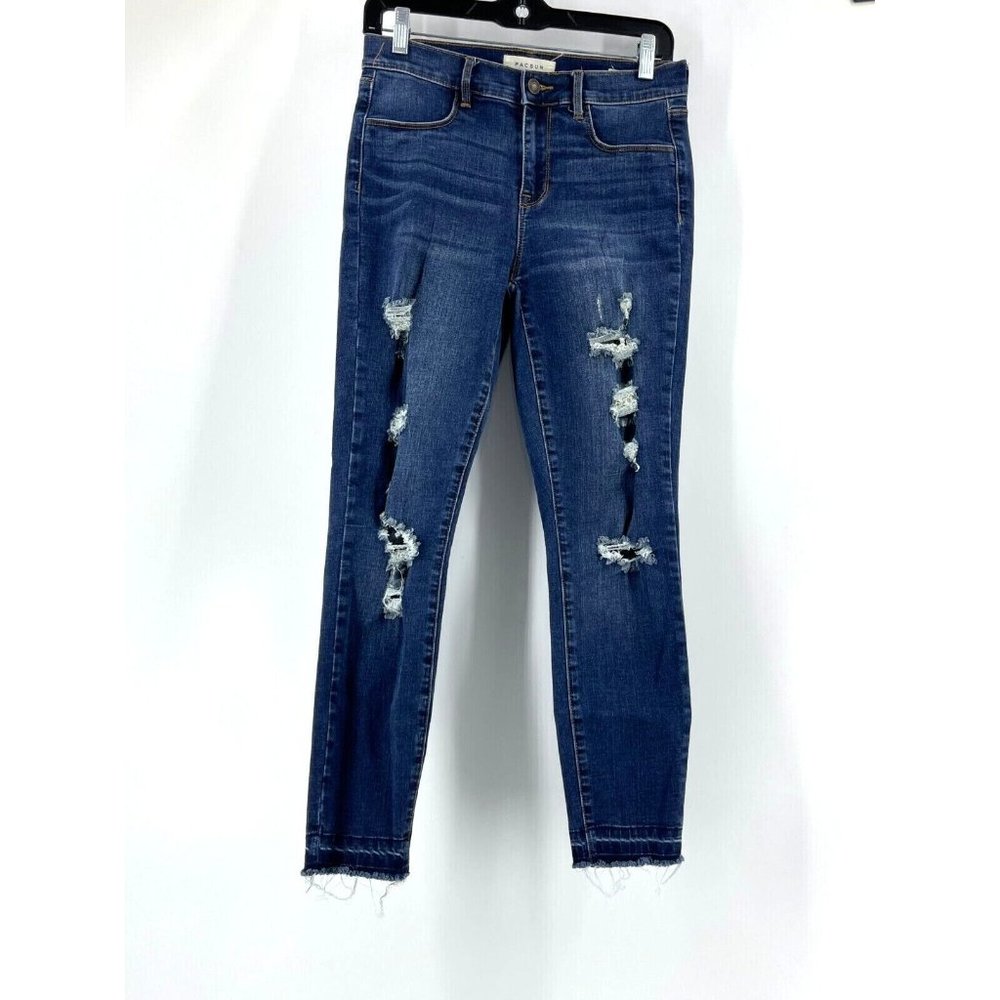 Pac Sun Women's Mid Rise Ankle Jeggings Distressed Skinny Jeans Denim Size 27 W